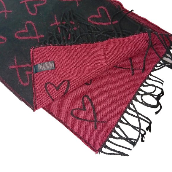Victoria's Secret Scarf Black Pink Hearts Fringe Reversible - Picture 3 of 8